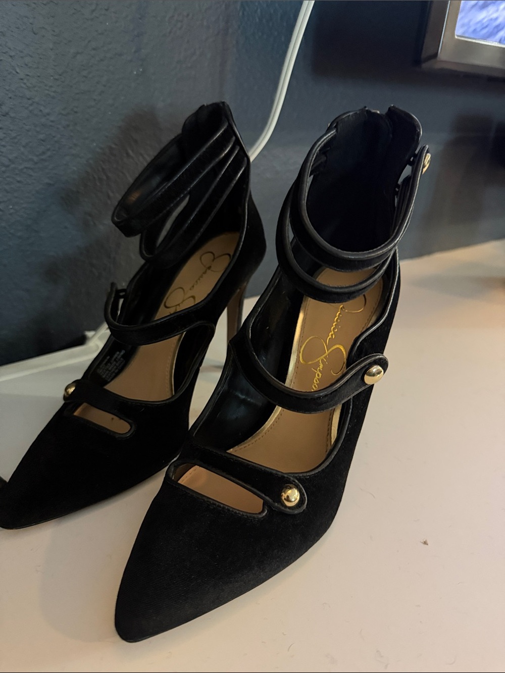 Jessica Simpson Black velvet Pointed Triple-Strap Heels with Gold Buttons